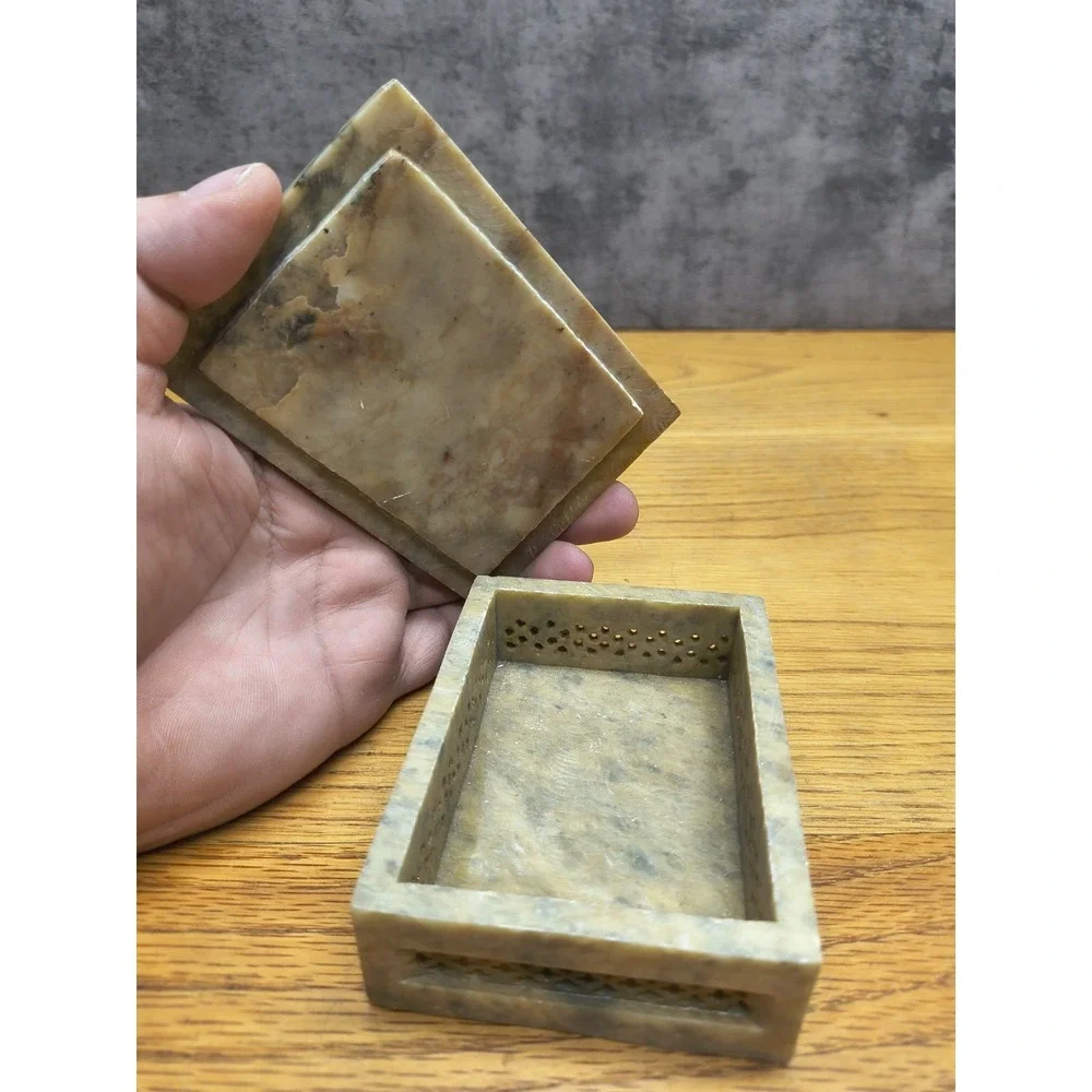 Carved Soapstone with Mother of Pearl Flower Inlay Trinket Box